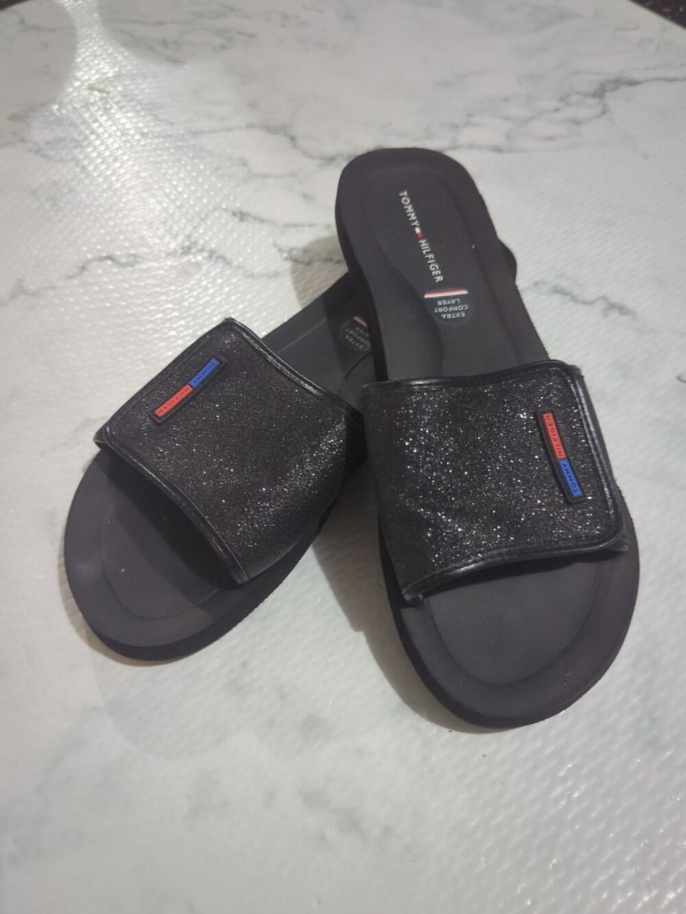 Tommy Hilfiger Woman's Sandals Slides Black Sparkles Size 9 New